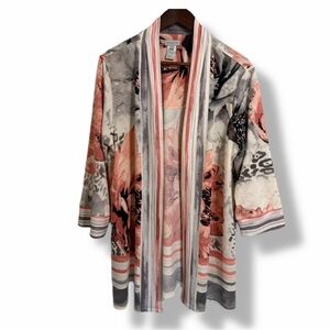 Multiples Floral Open Front Jacket L Pink Gray 3/4 Sleeve Lightweight Cardigan